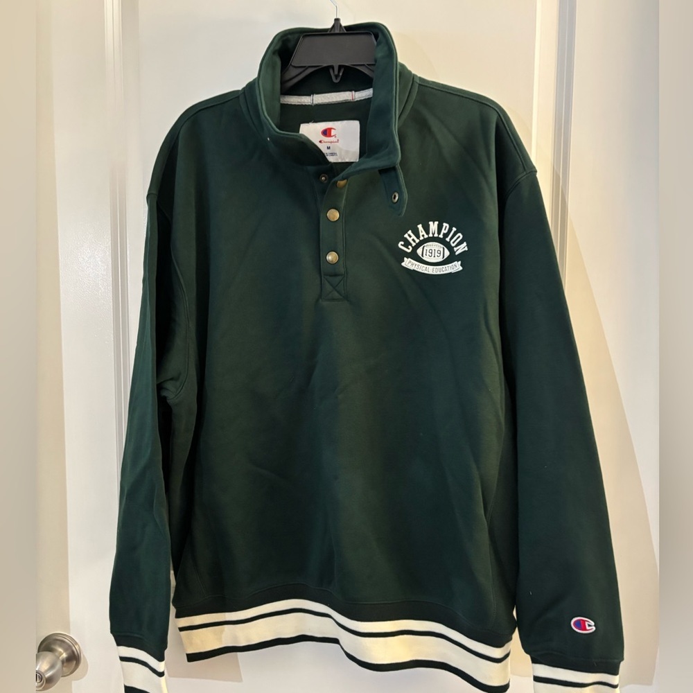 Champion Men's Old School Dark Green Quarter-Snap Pullover Sweatshirt Sz Med